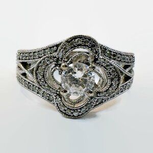 Quartz Ring, Sterling Silver, Faceted Quartz, Clear, Faux Diamond, Size 7,Ornate